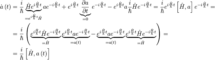 \begin{align} \dot{a}\left( t \right) &= \frac{i}{\hbar}\underbrace{\hat{H}e^{i\frac{\hat{H}}{\hbar}t}}_{=e^{i\frac{\hat{H}}{\hbar}t}\hat{H}}ae^{-i\frac{\hat{H}}{\hbar}t}+e^{i\frac{\hat{H}}{\hbar}t}\underbrace{\frac{\partial a}{\partial t}}_{=0}e^{-i\frac{\hat{H}}{\hbar}t}-e^{i\frac{\hat{H}}{\hbar}t}a\frac{i}{\hbar}\hat{H}e^{-i\frac{\hat{H}}{\hbar}t} = \frac{i}{\hbar}e^{i\frac{\hat{H}}{\hbar}t}\left[ \hat{H},a \right]e^{-i\frac{\hat{H}}{\hbar}t} = \\ &= \frac{i}{\hbar} \left( \underbrace{e^{i\frac{\hat{H}}{\hbar}t}\hat{H}e^{-i\frac{\hat{H}}{\hbar}t}}_{=\hat{H}}\underbrace{e^{i\frac{\hat{H}}{\hbar}t} a e^{-i\frac{\hat{H}}{\hbar}t}}_{=a\left( t \right)} - \underbrace{e^{i\frac{\hat{H}}{\hbar}t} a e^{-i\frac{\hat{H}}{\hbar}t}}_{=a\left( t \right)}\underbrace{e^{i\frac{\hat{H}}{\hbar}t}\hat{H}e^{-i\frac{\hat{H}}{\hbar}t}}_{=\hat{H}} \right) = \\ &= \frac{i}{\hbar} \left[ \hat{H},a\left( t \right) \right] \end{align}