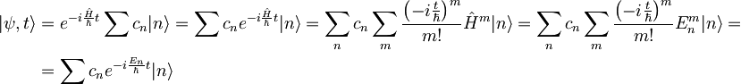 \begin{align} |\psi , t \rangle &= e^{-i\frac{\hat{H}}{\hbar}t} \sum c_{n} |n\rangle = \sum c_{n} e^{-i\frac{\hat{H}}{\hbar}t} |n\rangle = \sum_{n} c_{n} \sum_{m} \frac{\left( -i\frac{t}{\hbar} \right)^{m}}{m!}\hat{H}^{m}|n\rangle = \sum_{n} c_{n} \sum_{m} \frac{\left( -i\frac{t}{\hbar} \right)^{m}}{m!}E_{n}^{m}|n\rangle = \\ &= \sum c_{n} e^{-i\frac{E_{n}}{\hbar}t} |n\rangle \end{align}