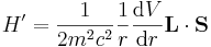 H^\prime=\frac{1}{2m^2c^2}\frac{1}{r}\frac{\mathrm{d}V}{\mathrm{d}r}\mathbf{L}\cdot\mathbf{S}