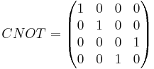 CNOT=\begin{pmatrix}1 & 0 & 0 & 0 \\ 0 & 1 & 0 & 0 \\ 0 & 0 & 0 & 1 \\ 0 & 0 & 1 & 0 \end{pmatrix}